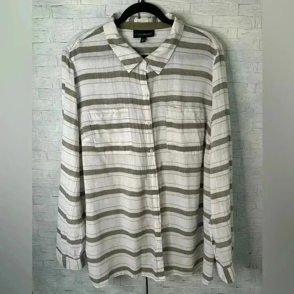 Lane Bryant Womens Blouse linen cotton blend button down striped white plus size